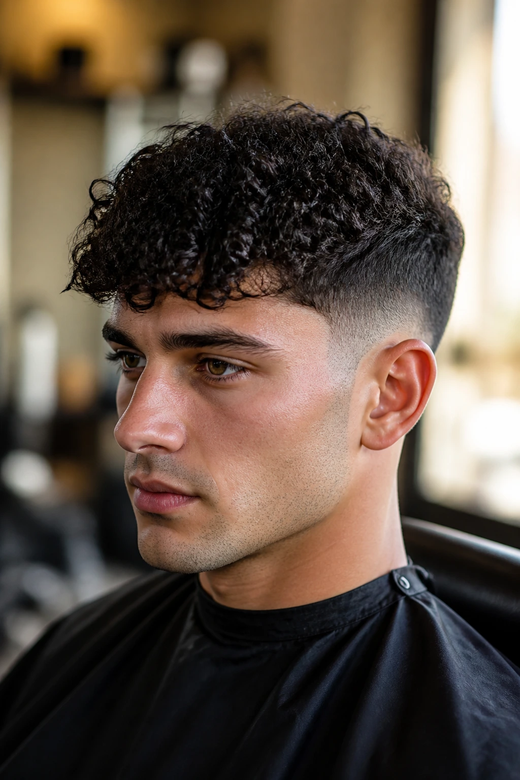 Close-up portrait of a real man with curly textured crop in a barbershop chair