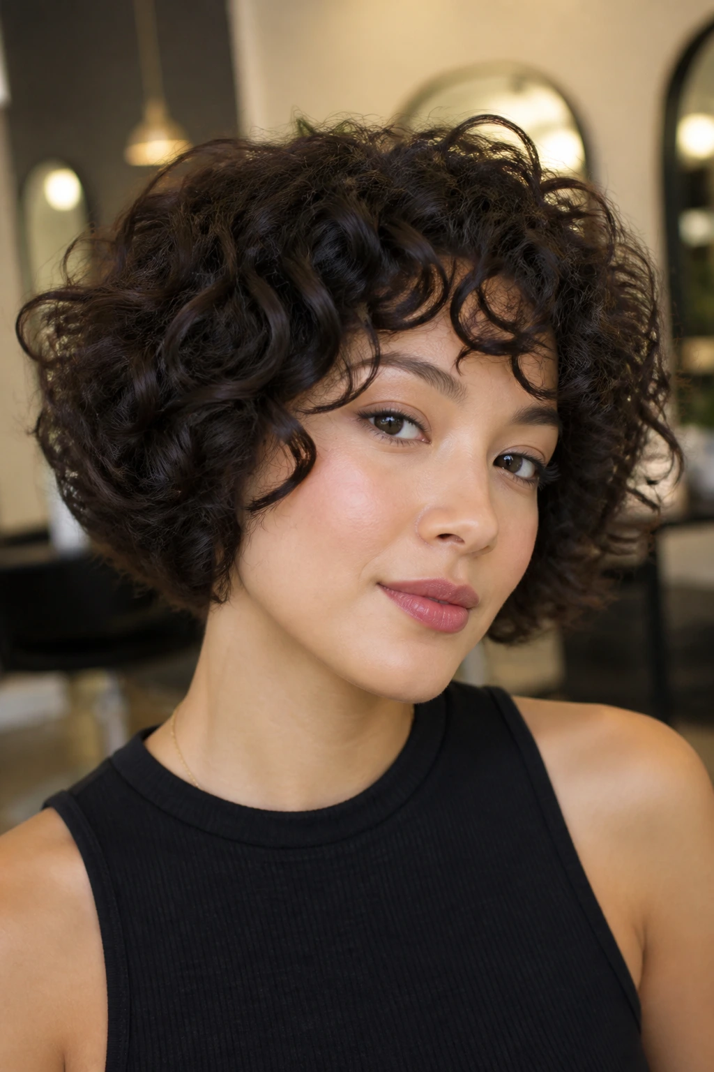 Close-up portrait of a woman with halo-curly crop bob in warm salon lighting