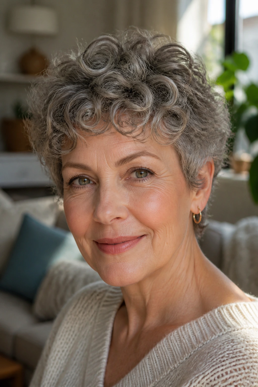 Curly crop with crown layers on real woman in cozy room