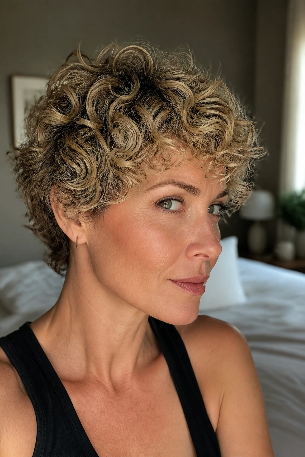 Close-up of a real person with curly crop and crown layers in blonde with lowlights