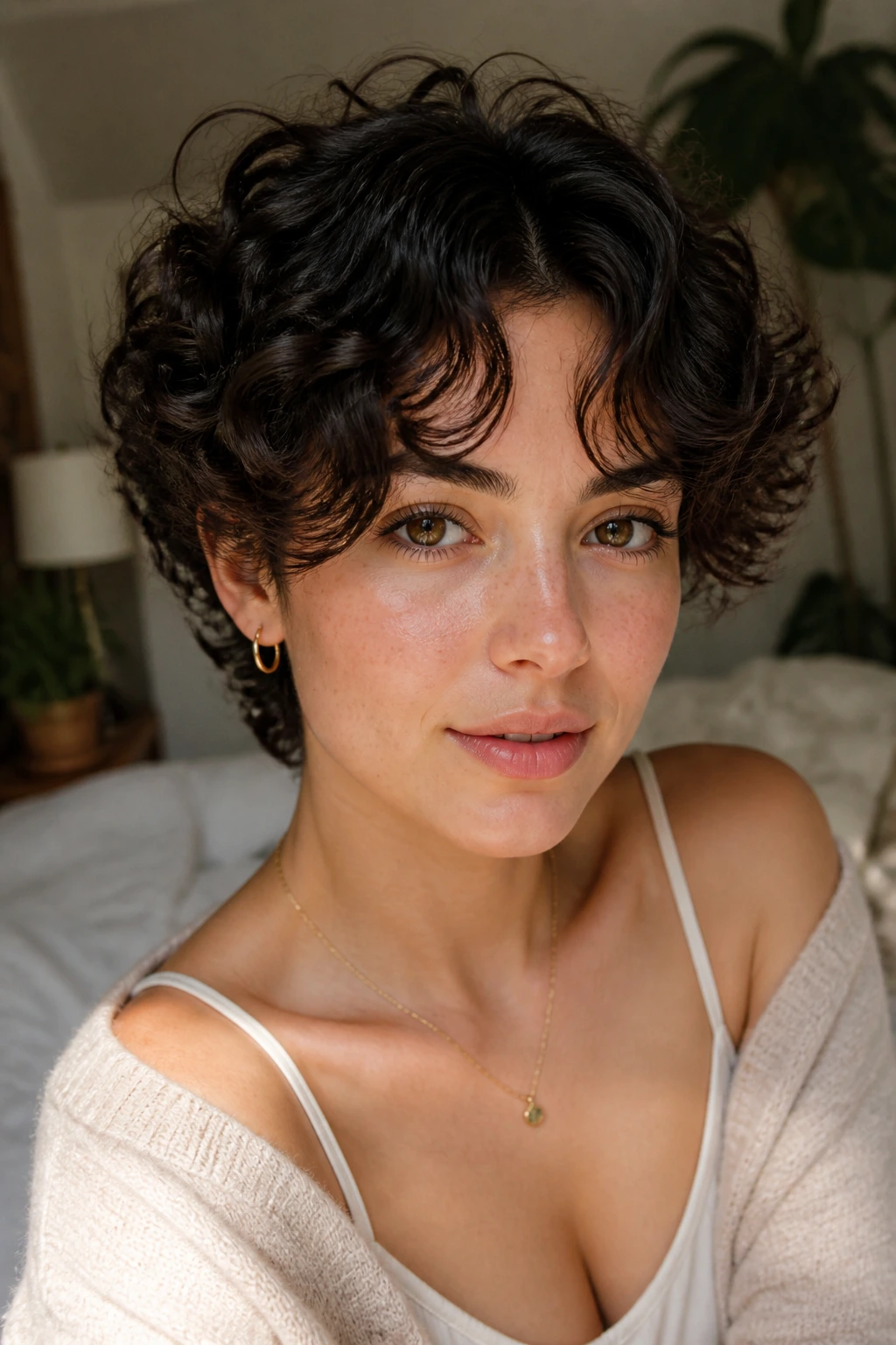 Close-up of curly crop with curtain bangs