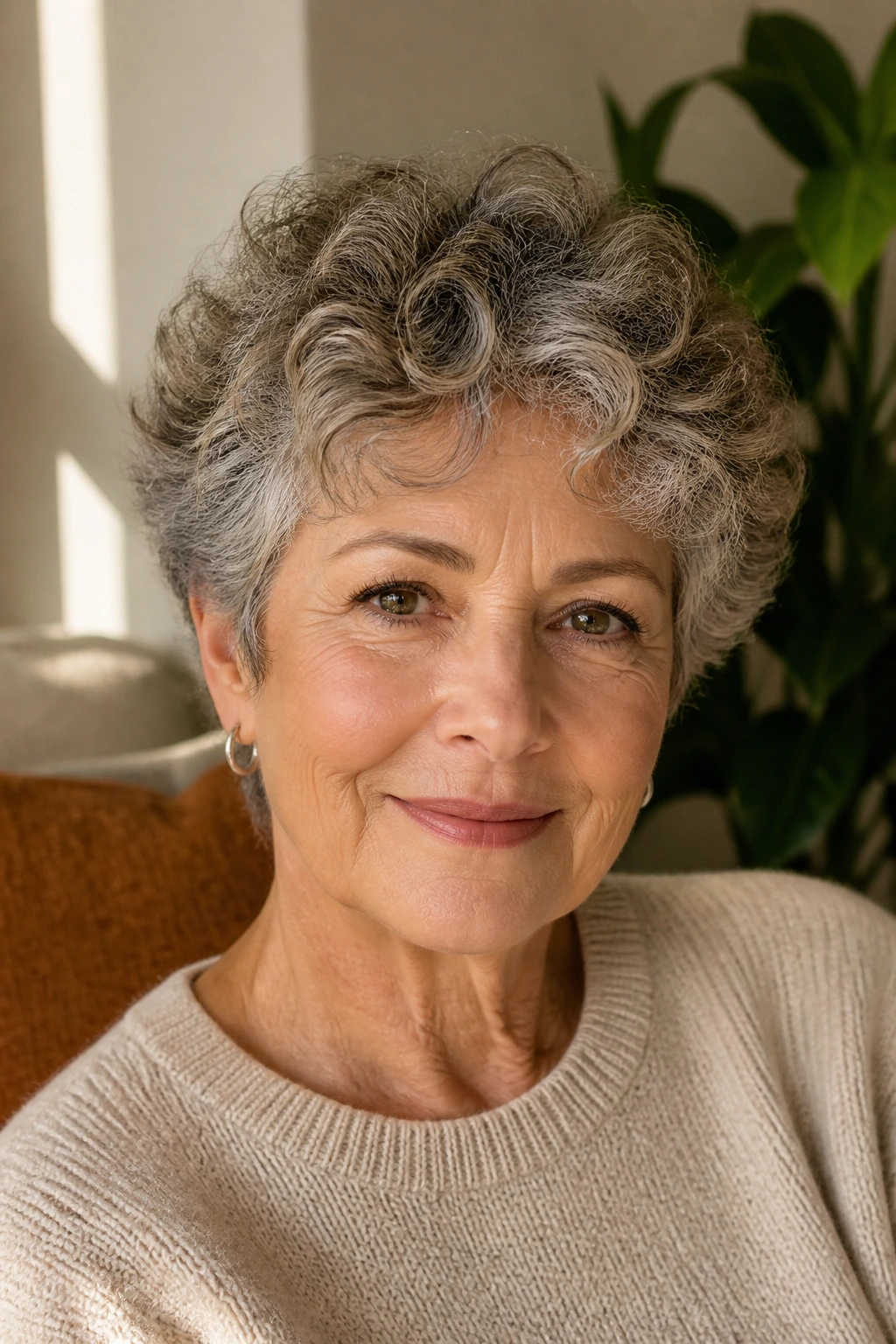 Close-up of an older woman with a curly crop and diffused shape in natural light.