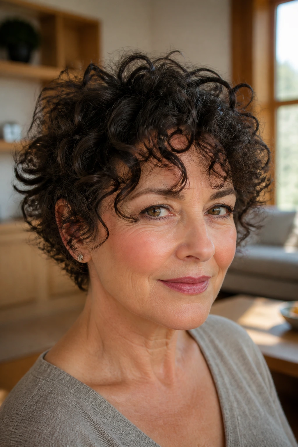 Close-up of real woman with Curly Face-Opening Crop showing curls near eyes.