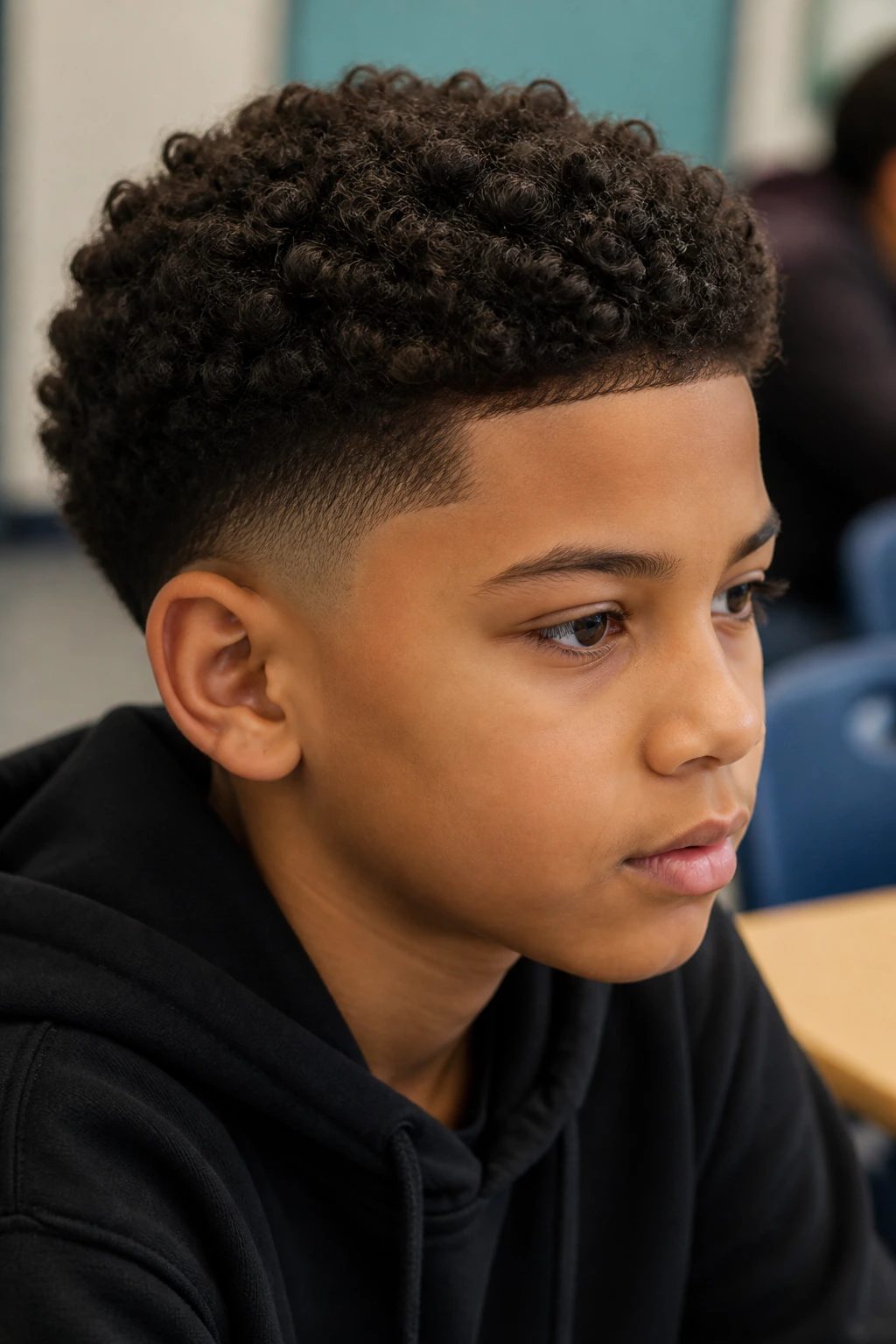 Close-up of real child with curly crop and low taper fade