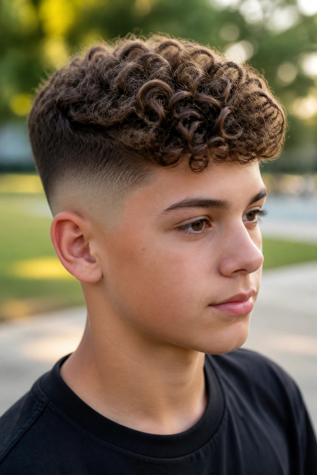 Portrait of a real boy with a curly crop fade and defined curls.
