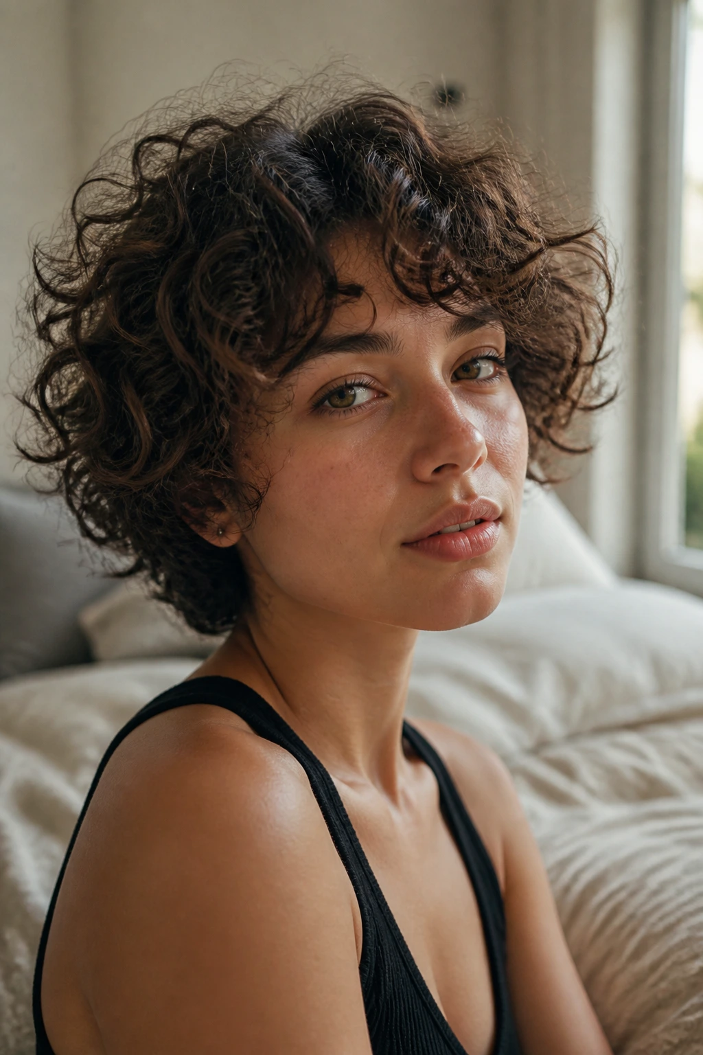 Close-up portrait of a real person with curly crop shapes and curtain bangs in natural bedroom light.