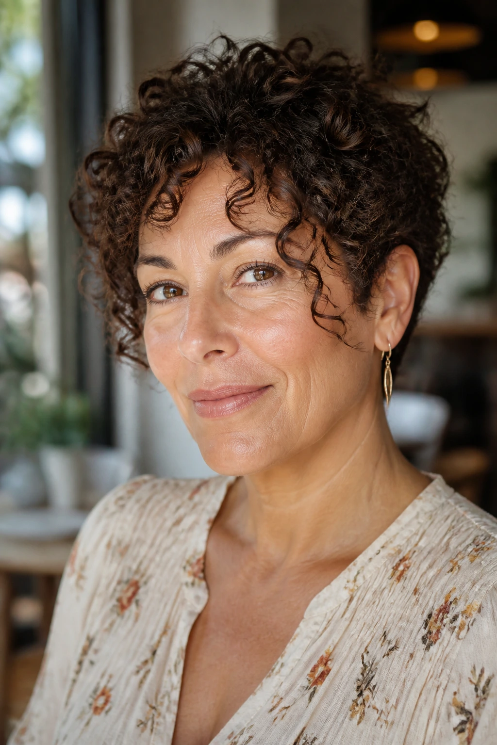 Close-up of a real woman with a curly crop and front spirals shaping the cheeks