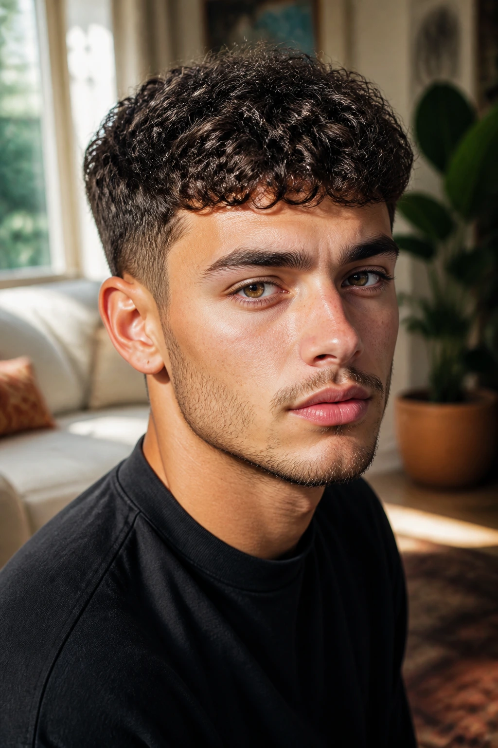 Real man with curly textured crop in sunlit living room
