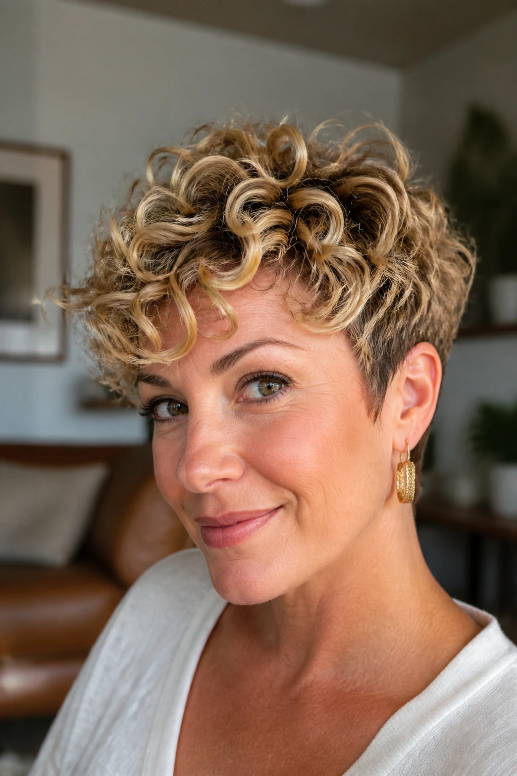 Close-up portrait of real woman with curly crop and honey blonde dimension