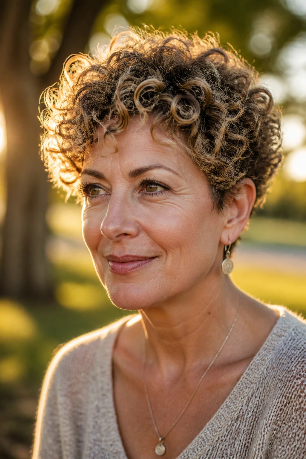 Close-up of a real woman with a curly crop and honey halo highlights