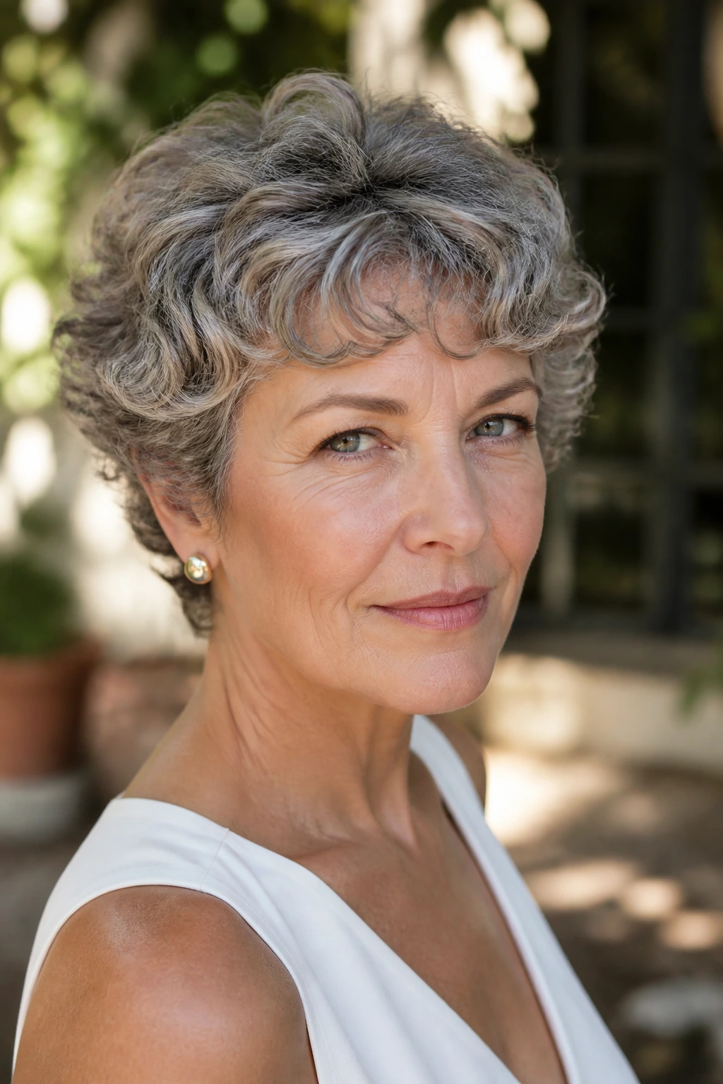 Close-up of a real woman with curly crop and sculpted layers in outdoor light