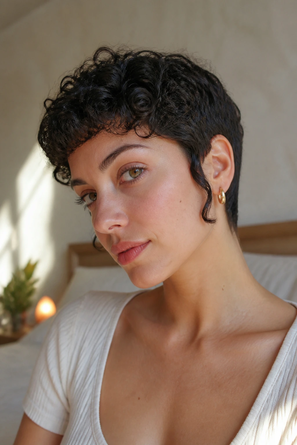 Close-up portrait of a real woman with curly crop and long sideburn line in warm window light