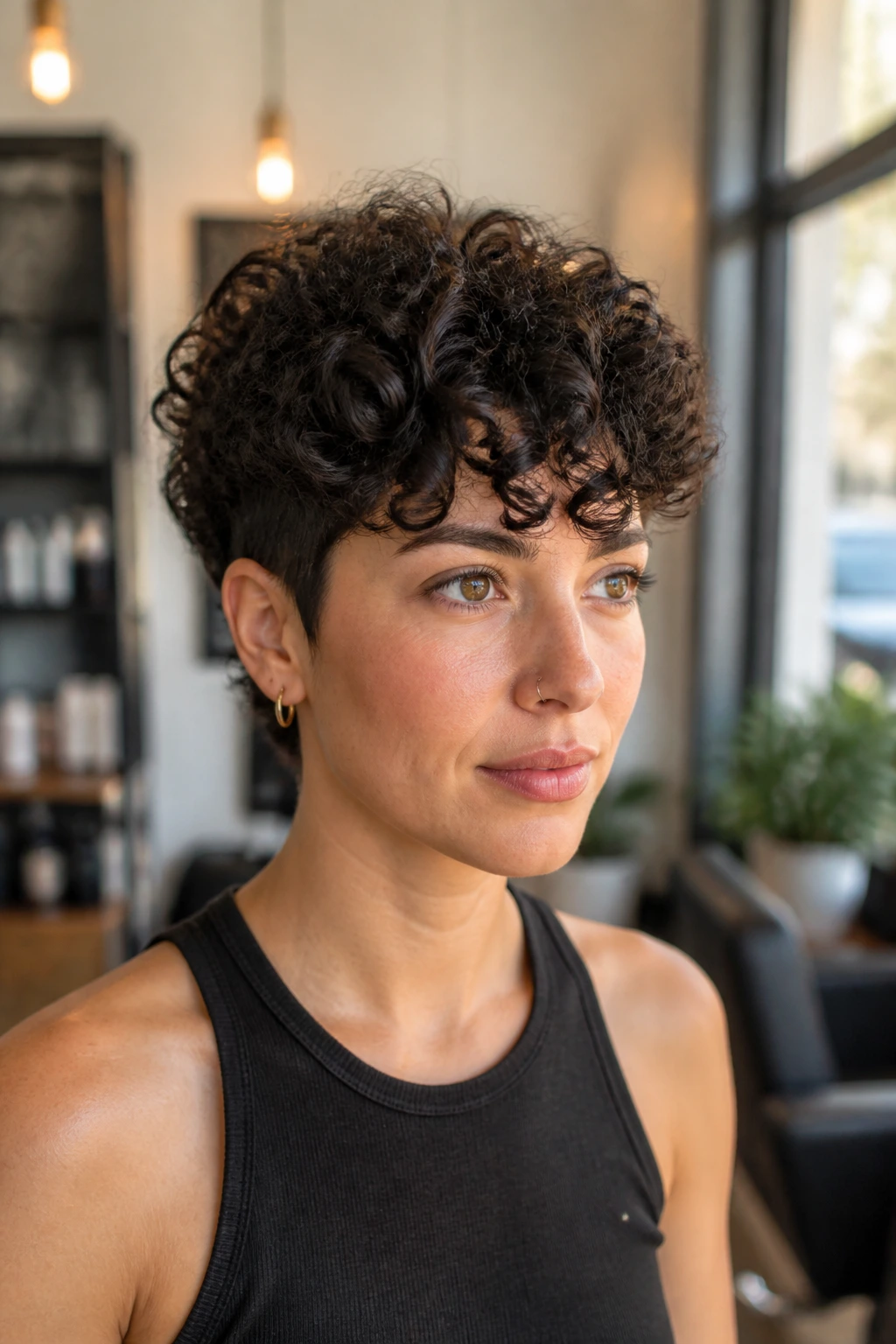 Close-up portrait of a real woman with a curly crop and long top, showing defined curls and short sides.