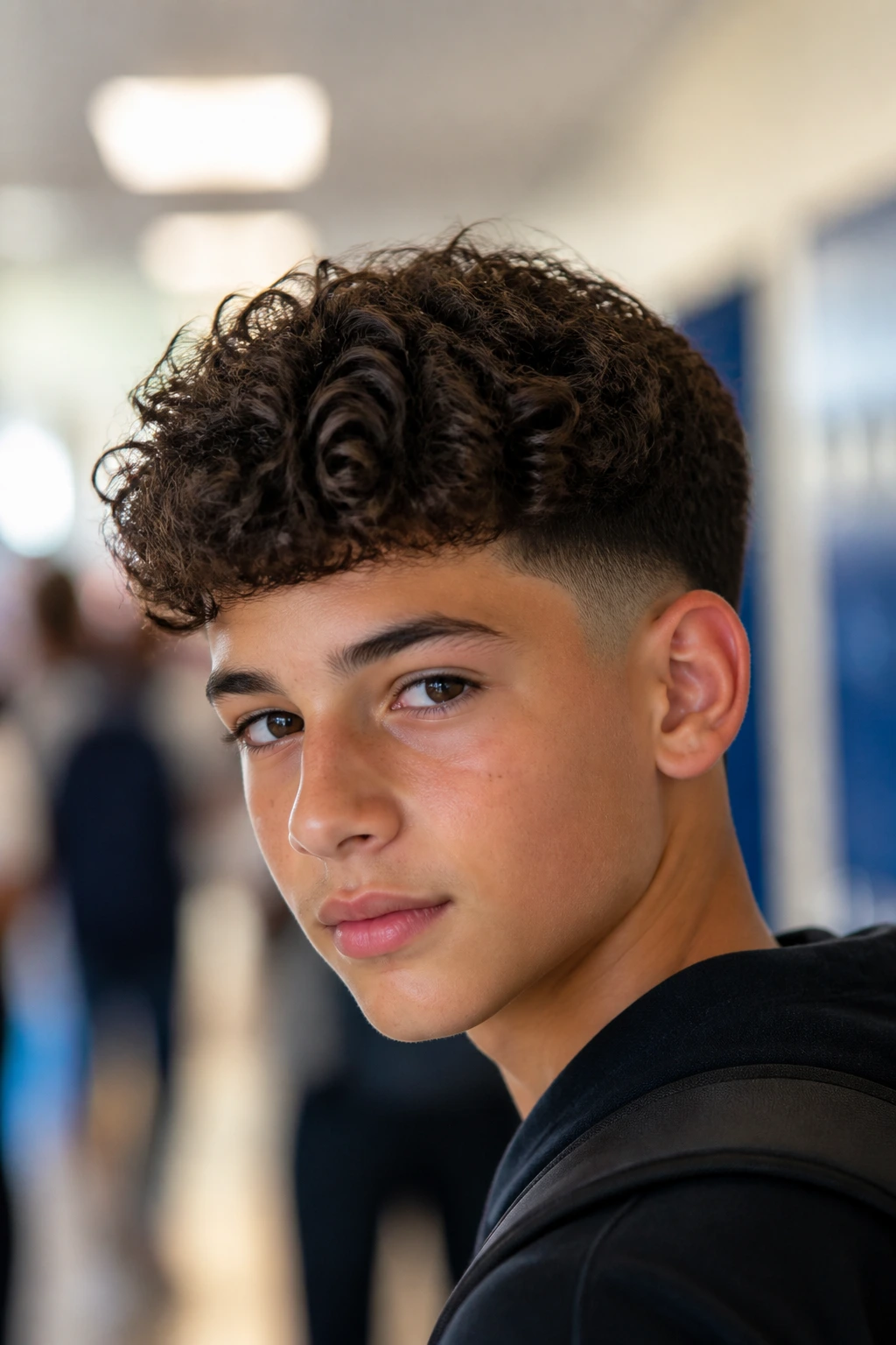 Close-up of a real boy with curly crop and low taper in a school hallway.