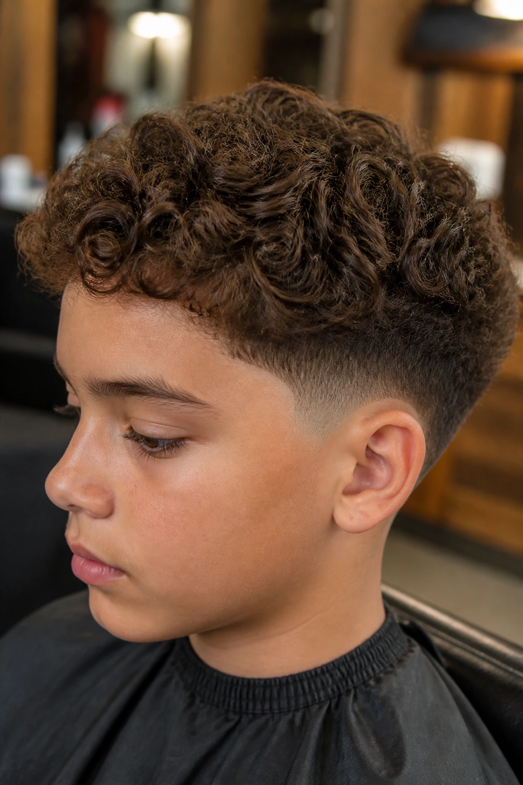 Close-up of a preteen boy's curly crop with low taper fade in barber chair