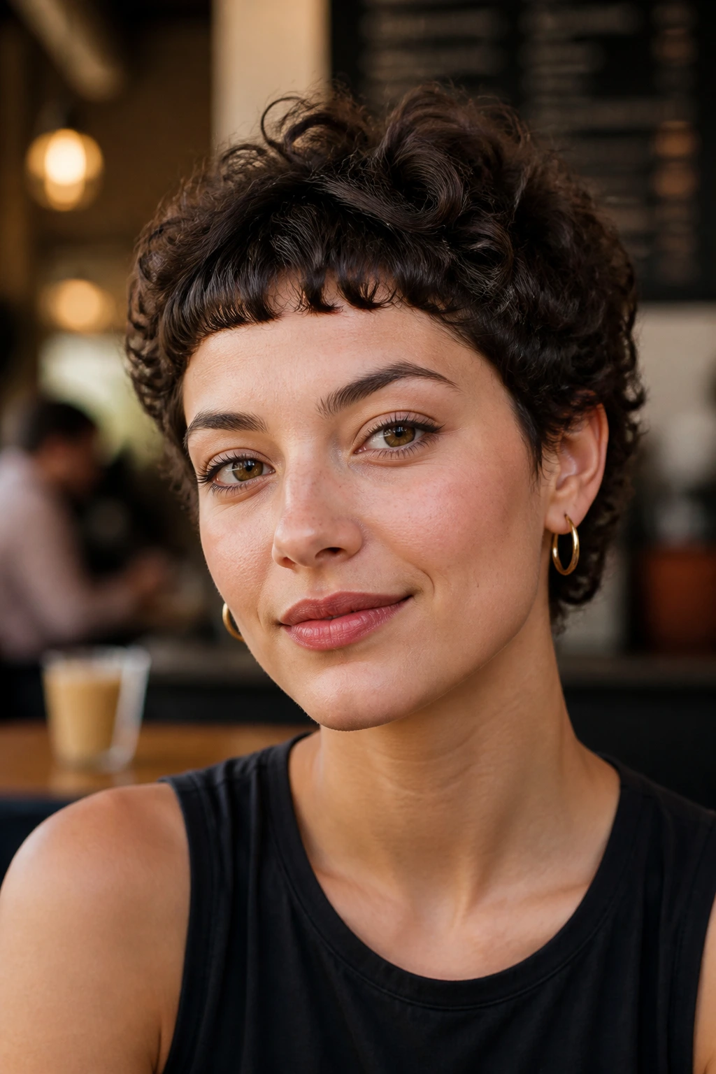 Close-up of a real woman with Curly Crop and Micro Bangs in daylight