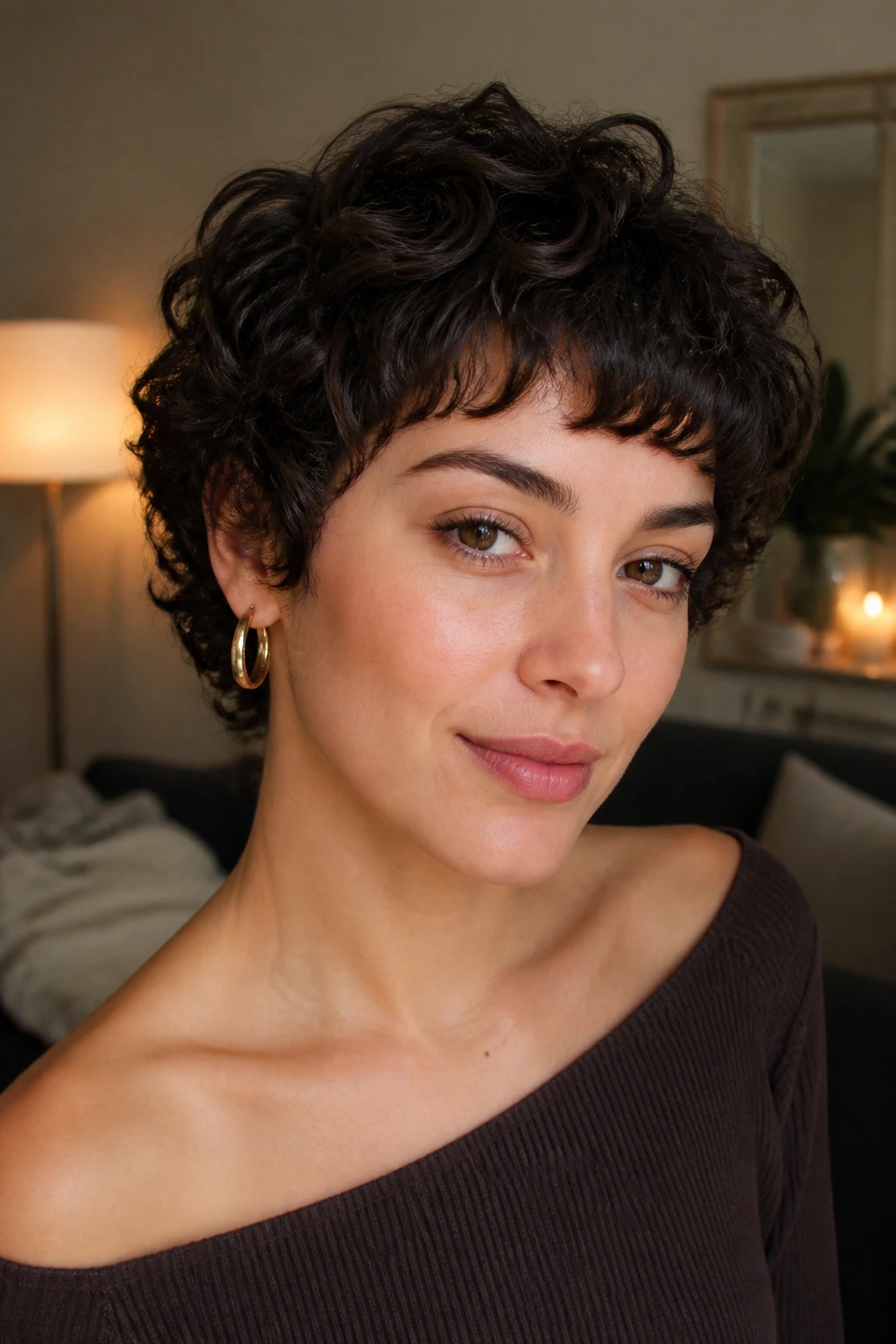 Real woman with curly crop and micro bangs showing midnight brown lowlights