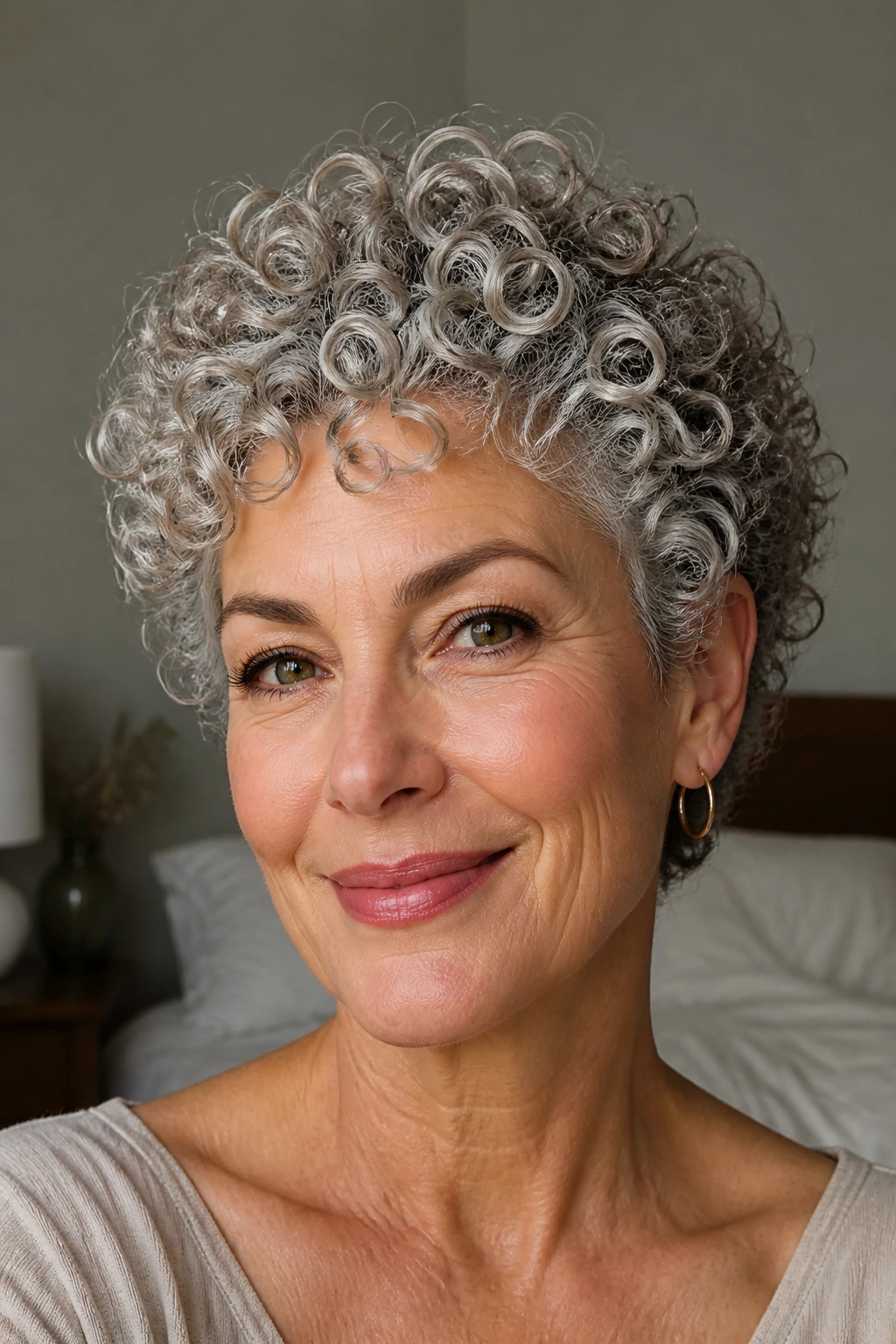 Close-up portrait of a real woman with Curly Crop with Defined Rings, springy ringlets in a cropped hairstyle under soft window light.