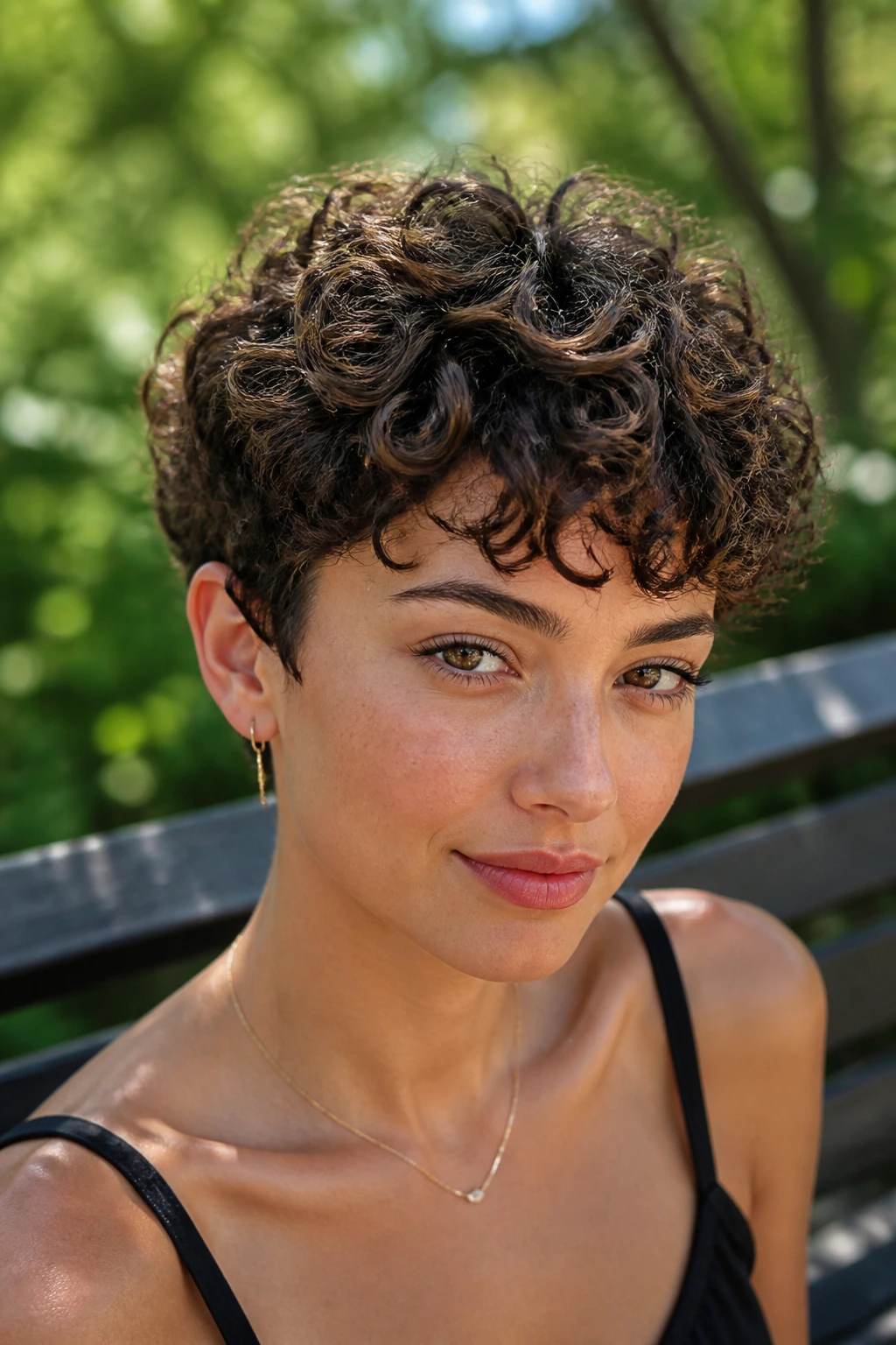 Close-up of curly crop with defined ringlets and subtle lowlights between curls.