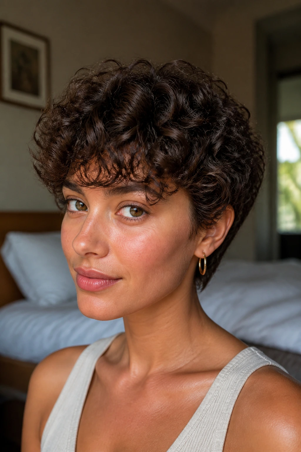 Close-up of a real woman with a thick curly crop forming a rounded silhouette in warm window light