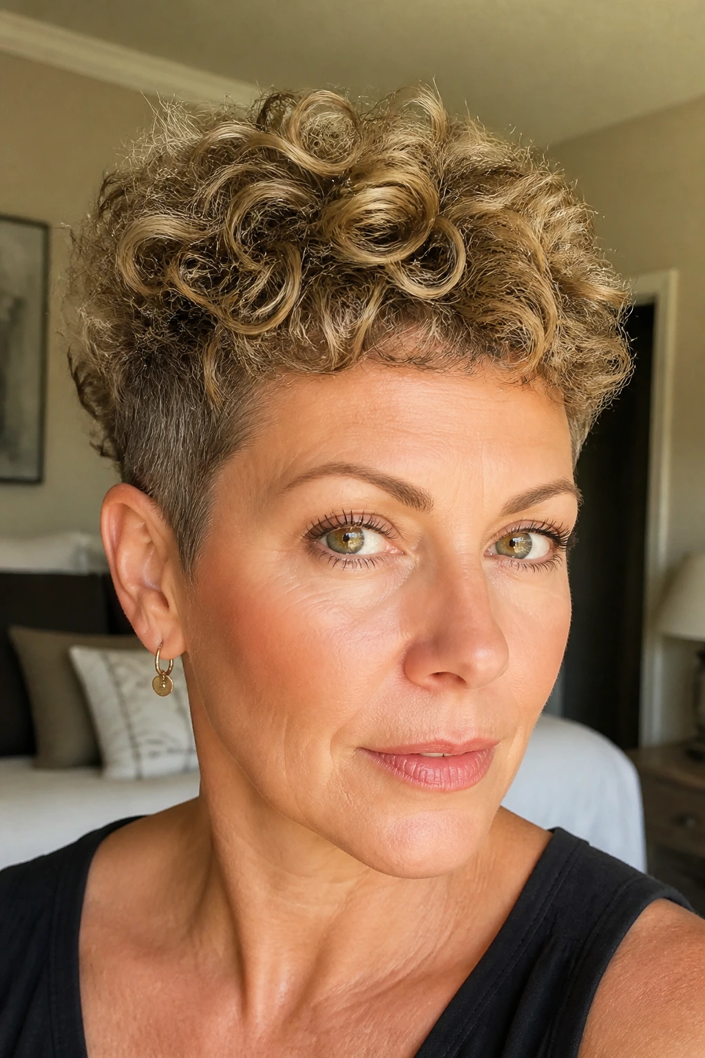 Close-up of a real woman with curly crop and sand lowlights