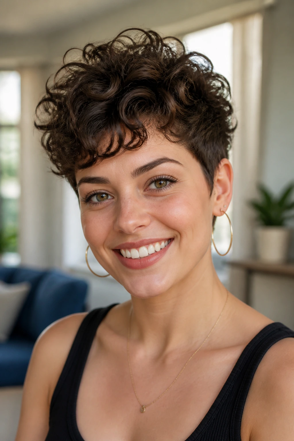 Real person with short curly crop showing sculpted volume