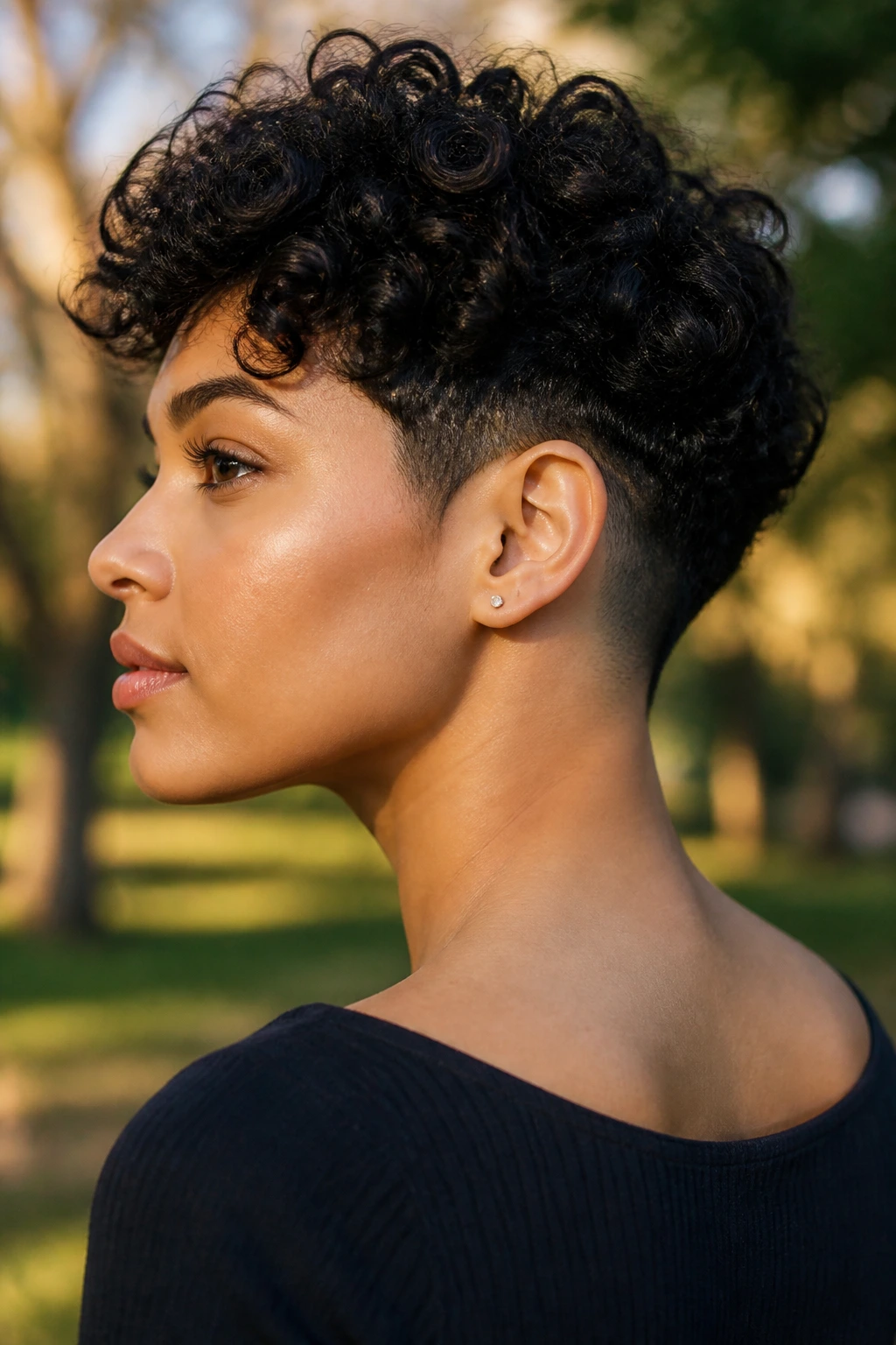 Close-up portrait of a real woman with curly crop and shaved nape.