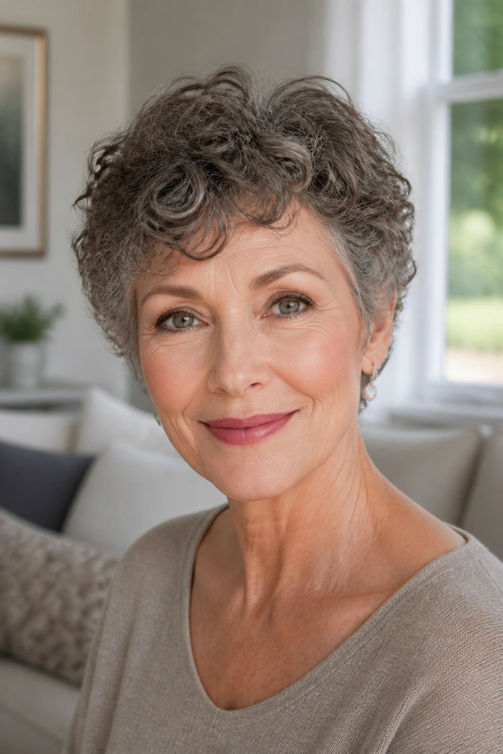 Close-up of a real woman with a short curly crop and soft fringe in bright room