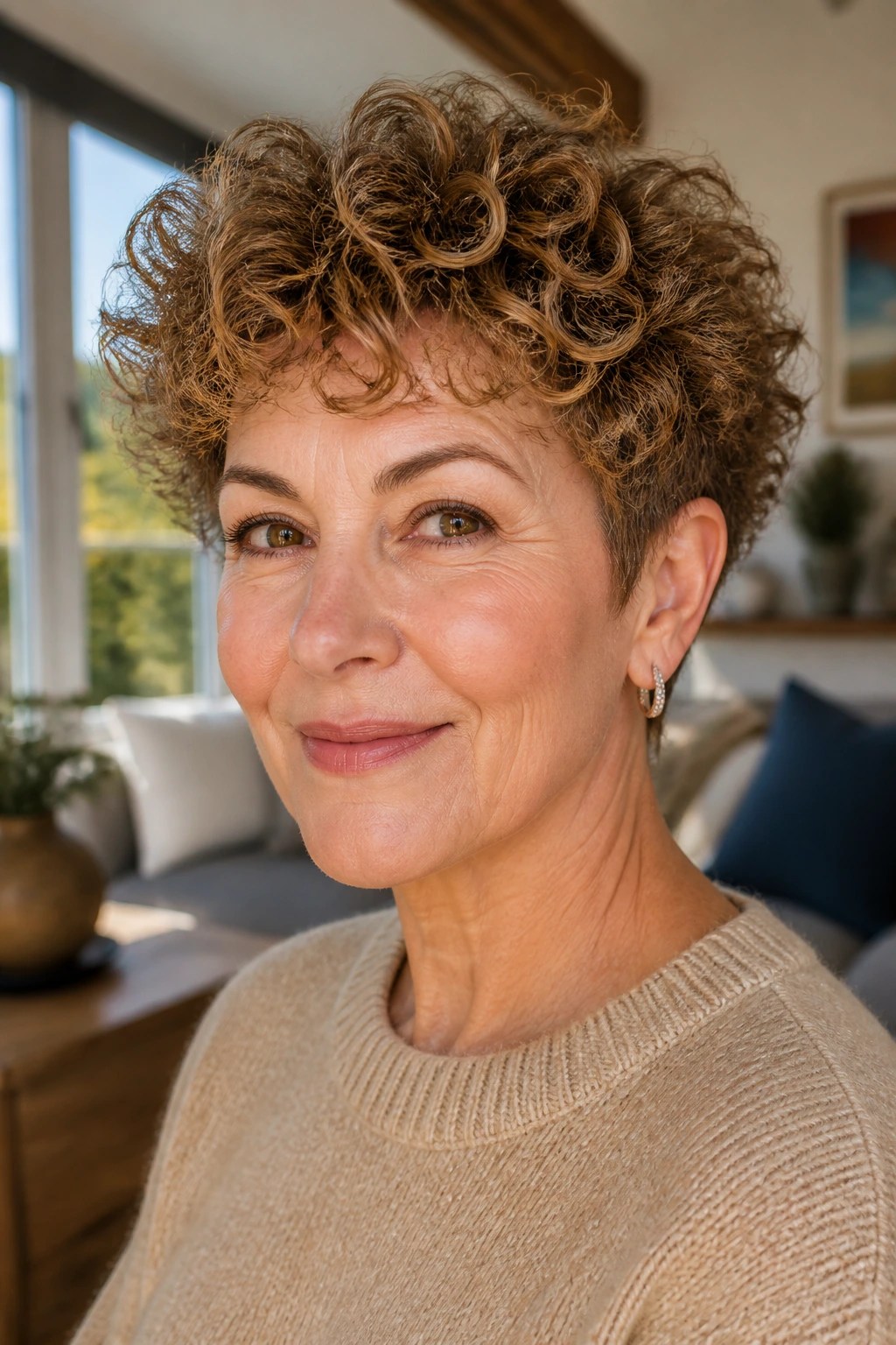 Close-up of a woman with curly crop and soft halo hairstyle