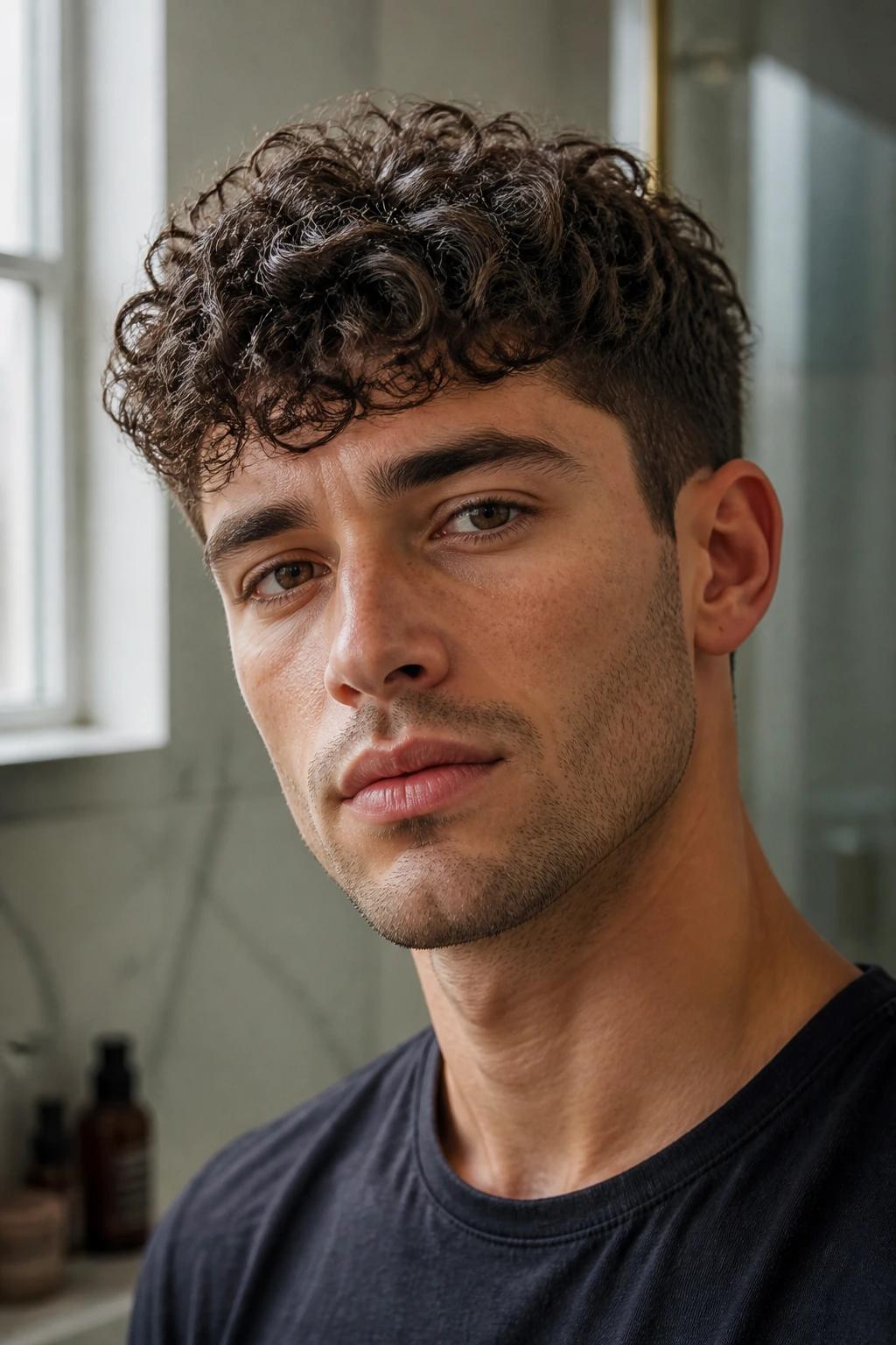 Close-up portrait of a man with a curly crop styled without crunch