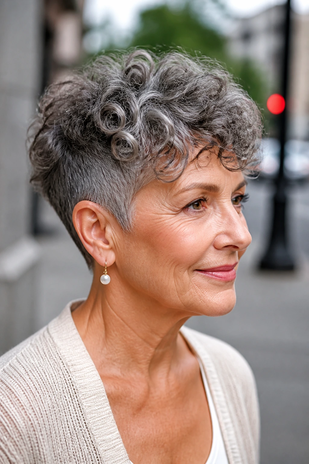 Real woman with curly crop and tapered sides outdoors