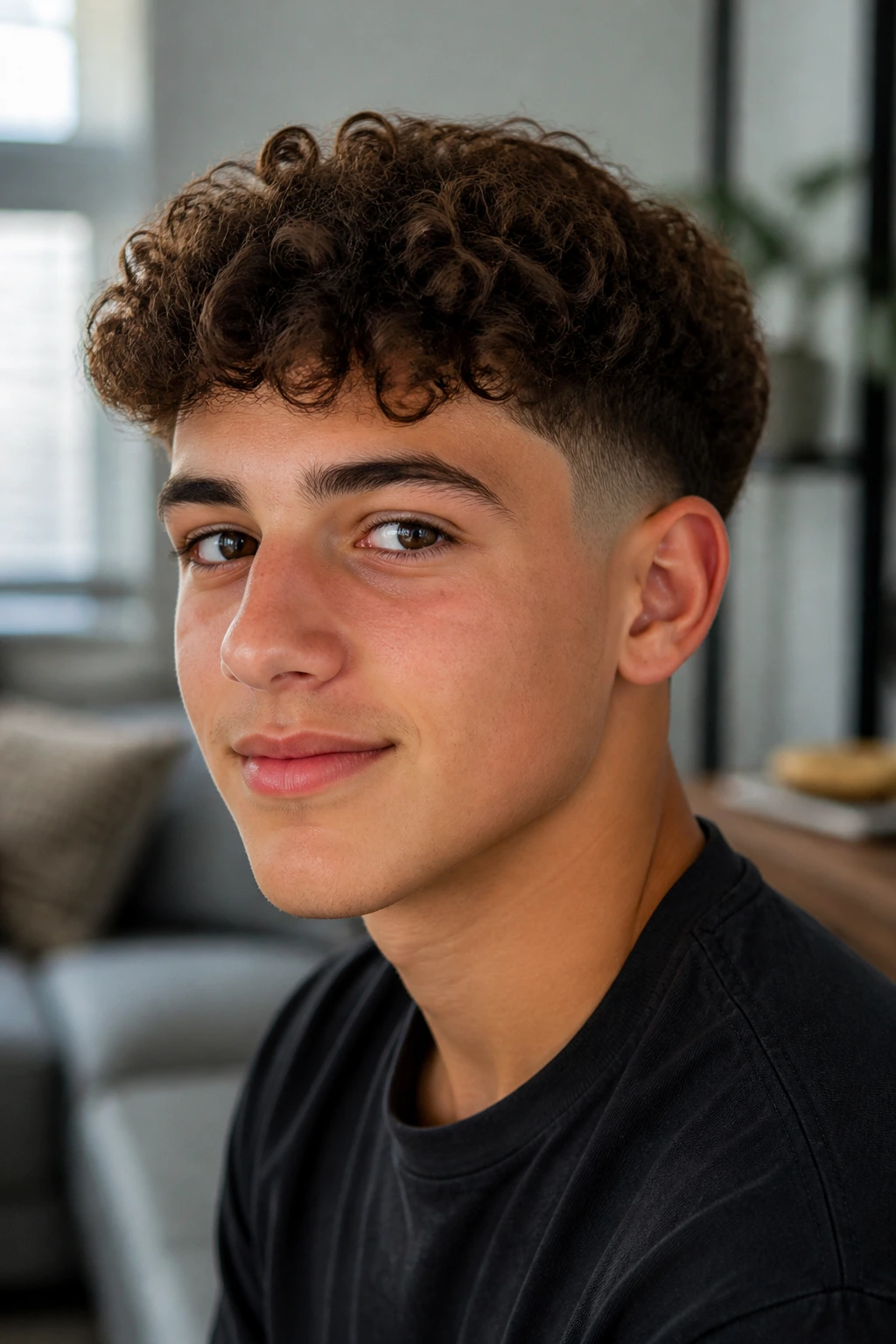 Close-up of real boy with curly crop tapered sides in a home setting