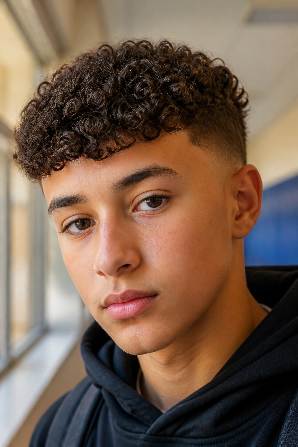 Boy with curly crop and tapered sides in school hallway