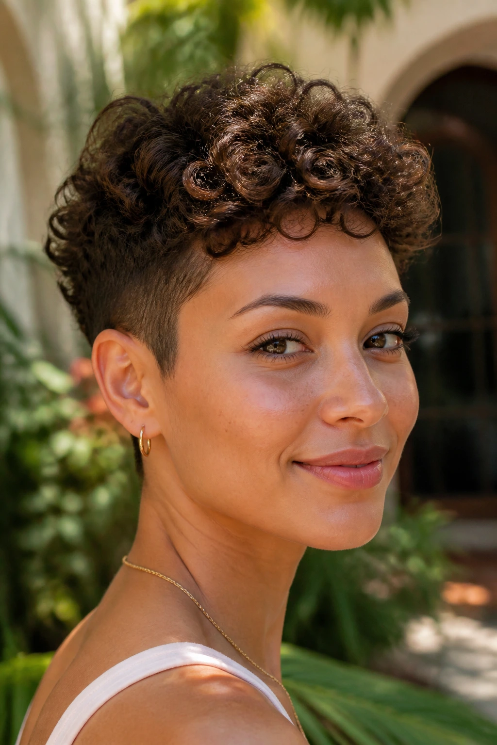 Close-up portrait of a real woman with a curly crop and tapered sides in a sunny courtyard