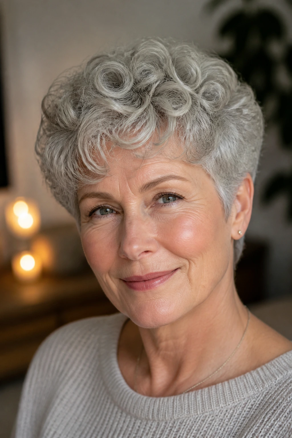 Close-up of a real woman with curly crop and defined top layers