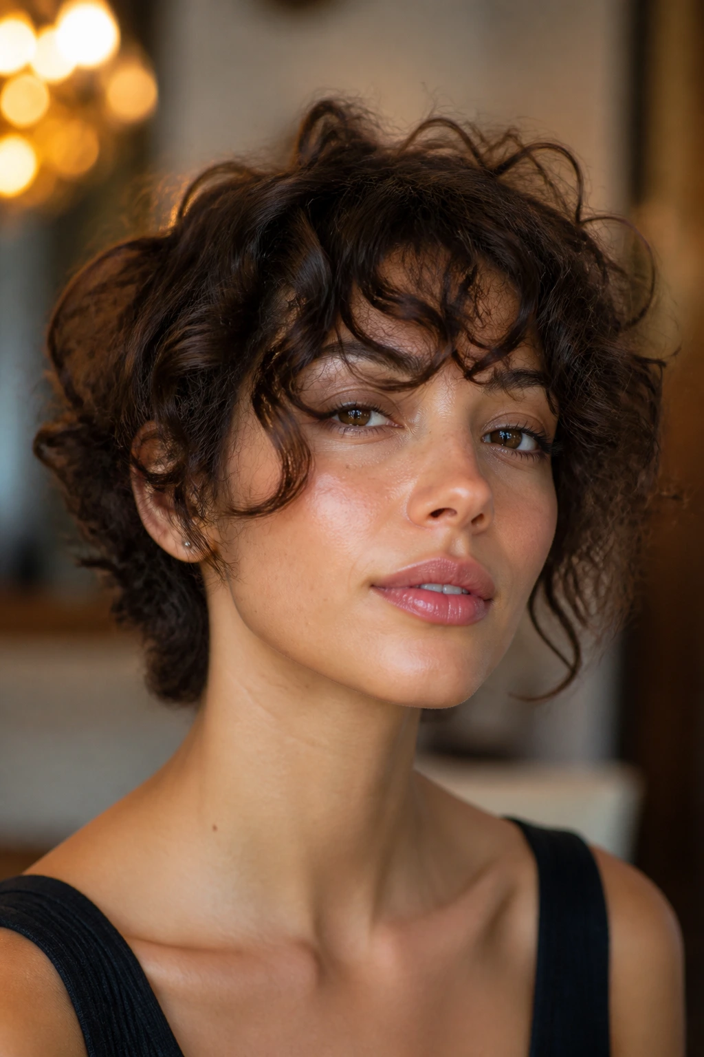 Close-up of a real woman with a curly crop showing variation with longer front pieces and soft layers