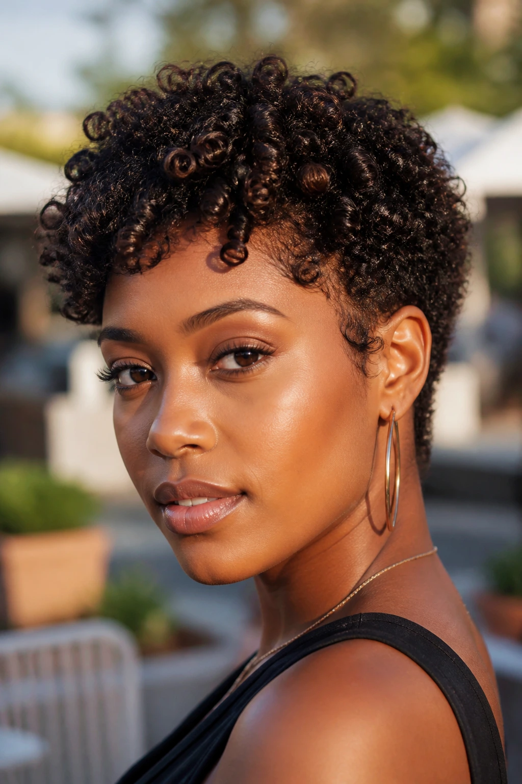 Woman with curly crop and defined curls