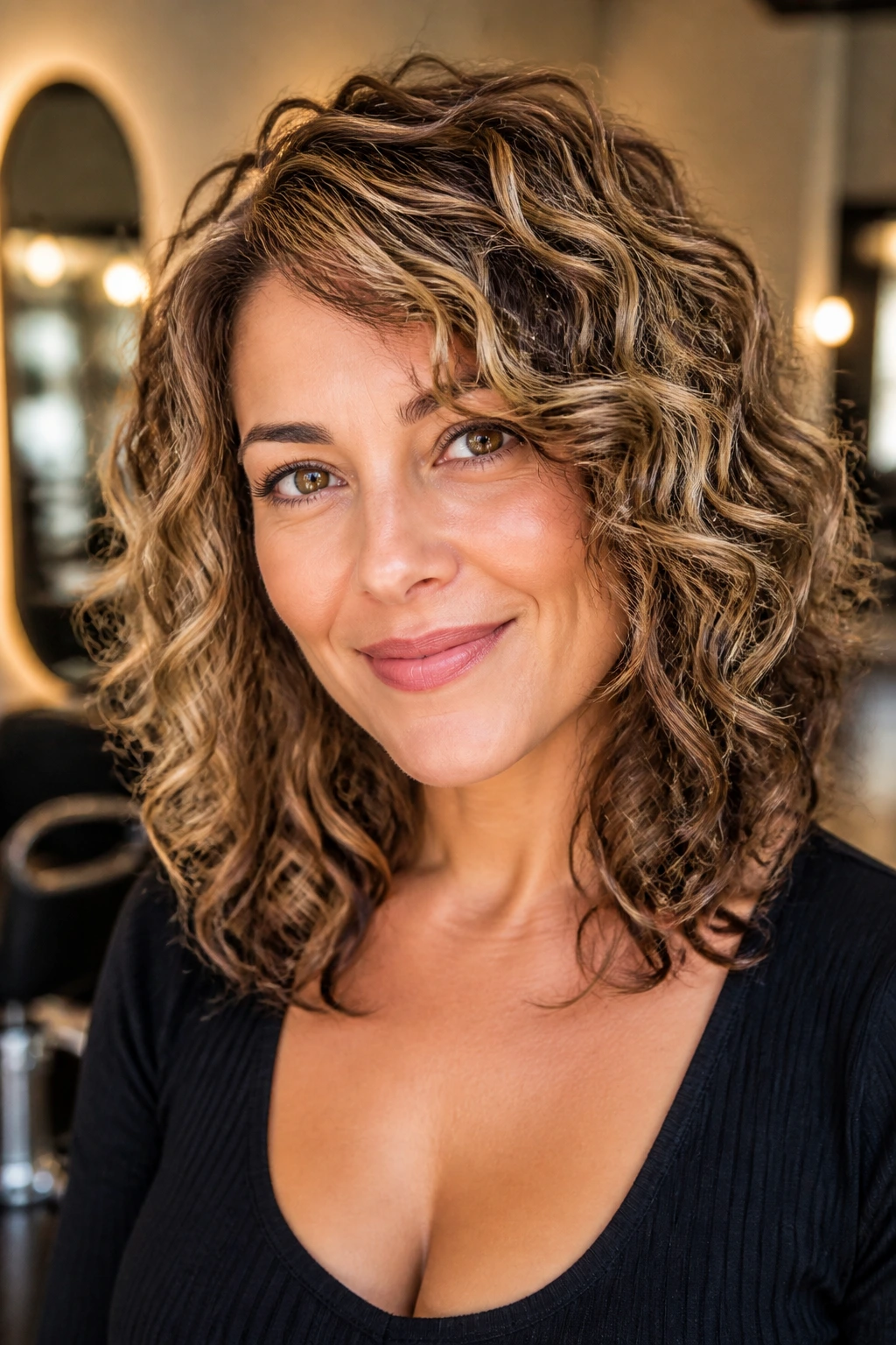 Close-up portrait of a woman with curly crown babylights in a warm salon