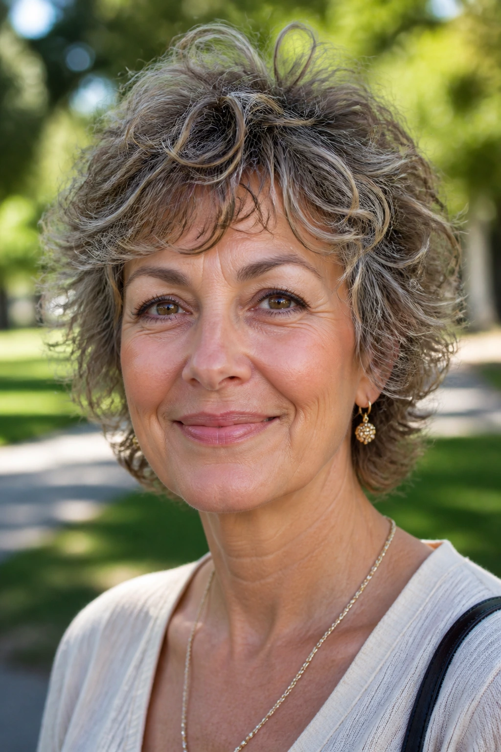 Close-up of a woman with curly crown-lift shag under natural light