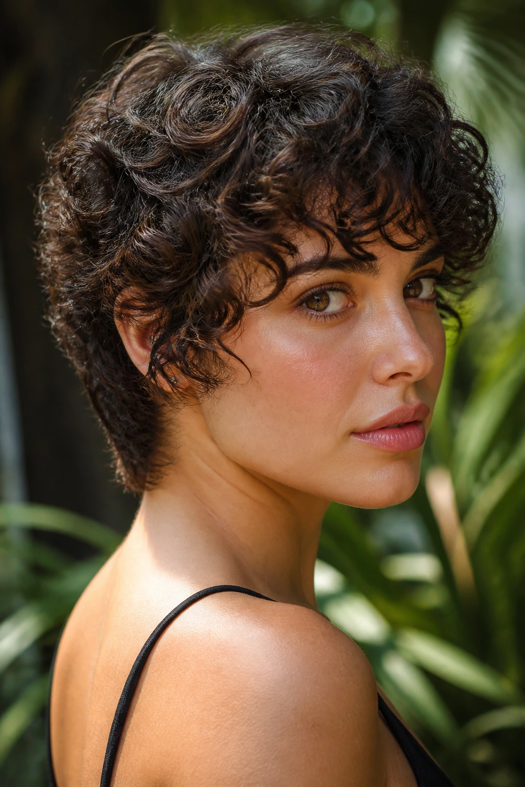 Portrait of a real person with curly crown shag and tapered nape outdoors