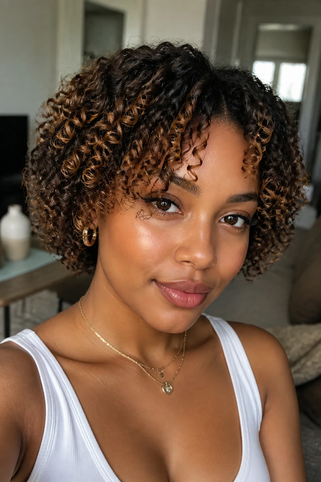 Close-up of a real person with curly curtain bangs and caramel lowlights