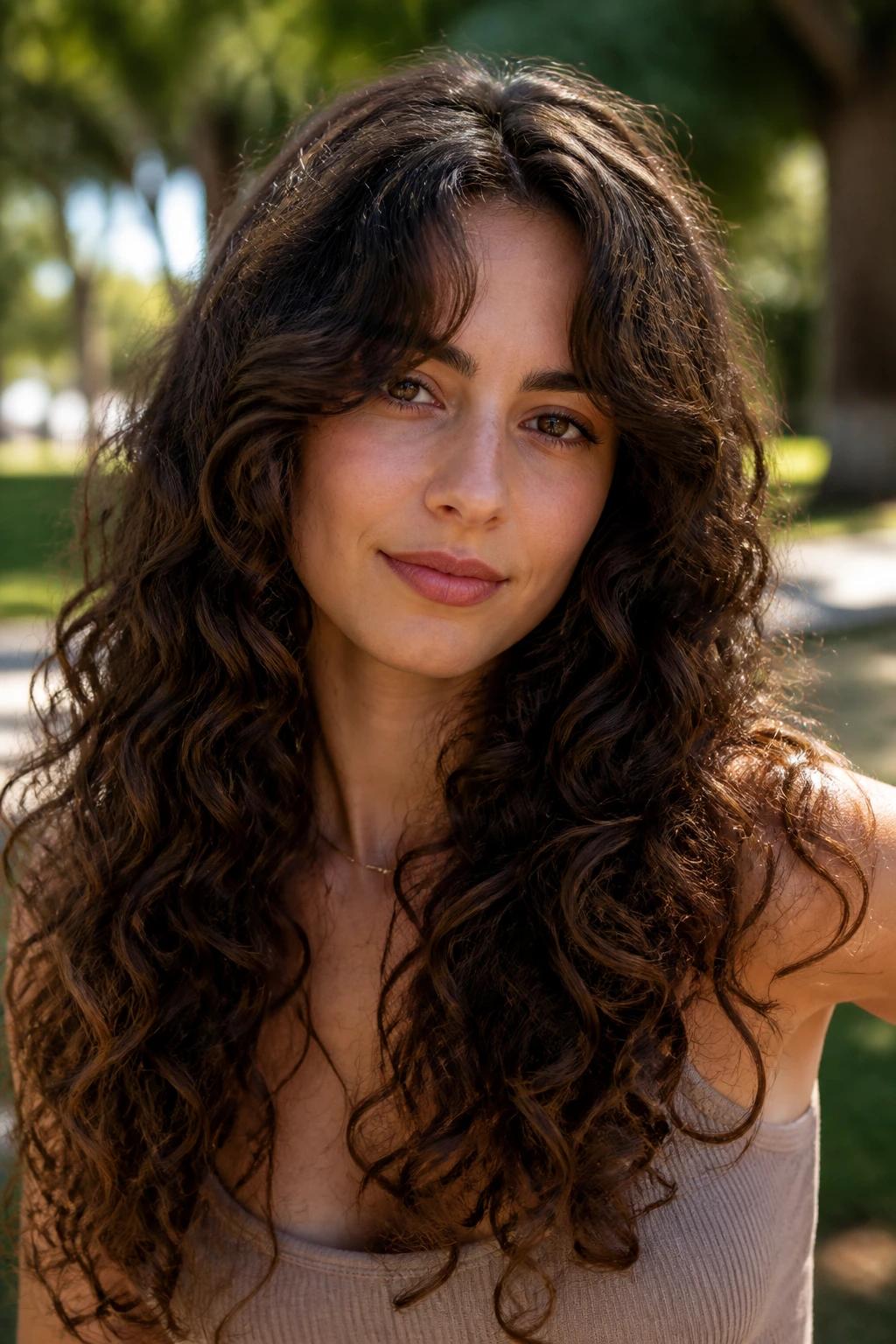 Woman with curtain bangs and side part in long curly hair