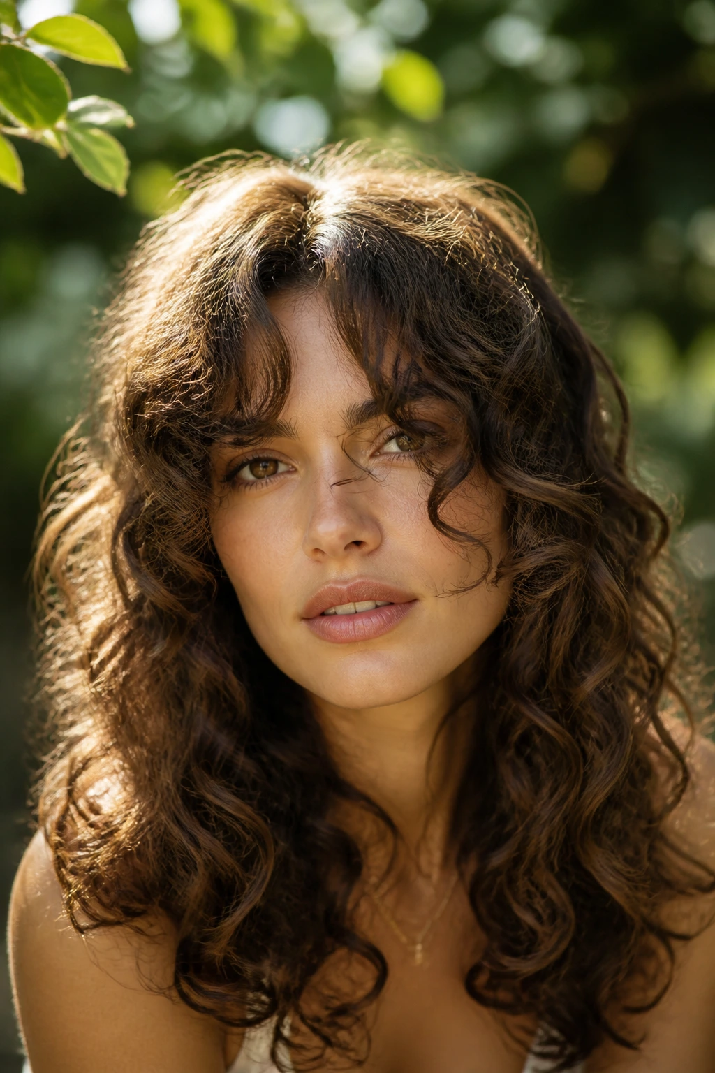 Close-up portrait of a real woman with curly curtain bangs framing the face