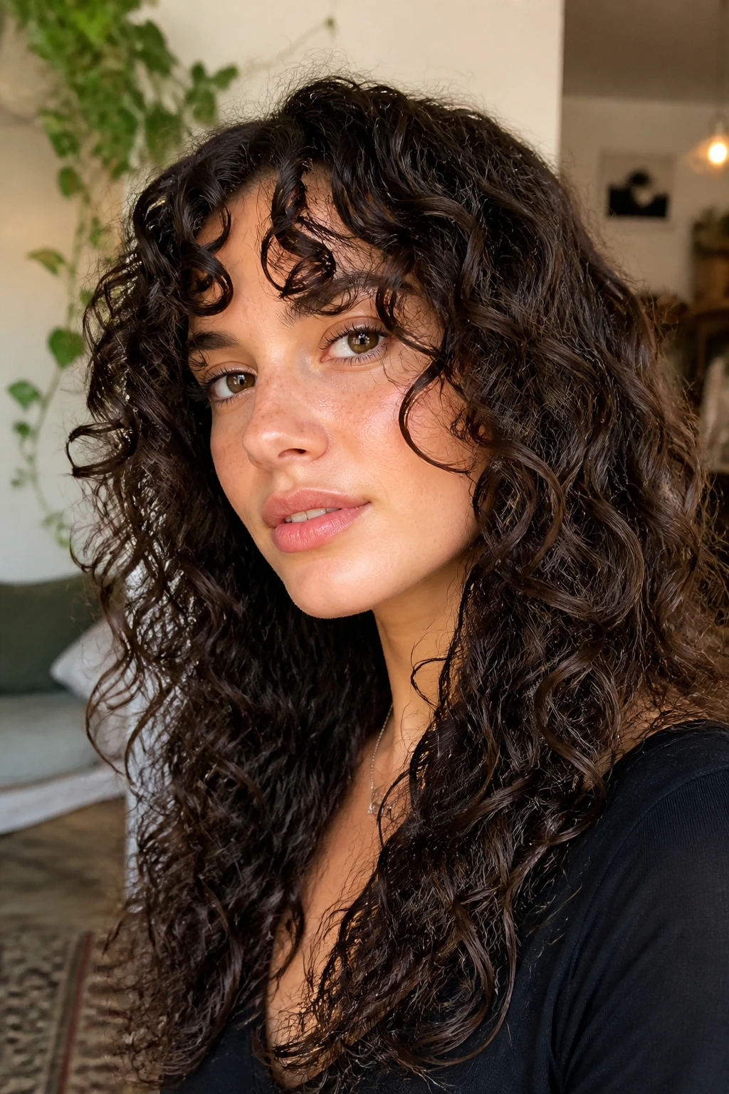Close-up of a real woman with curly curtain bangs framing the cheeks