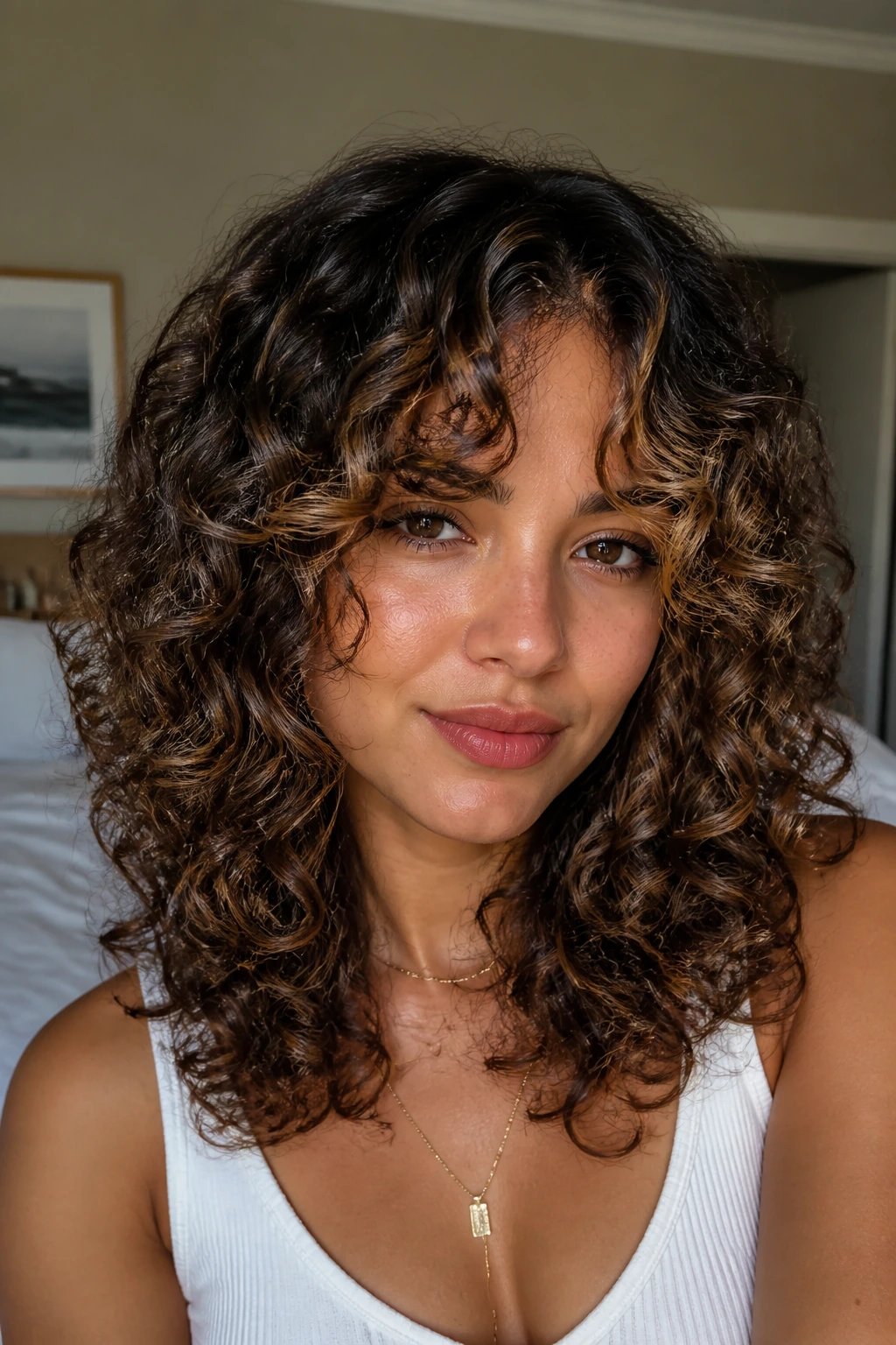 Portrait of curly curtain bangs with caramel highlights
