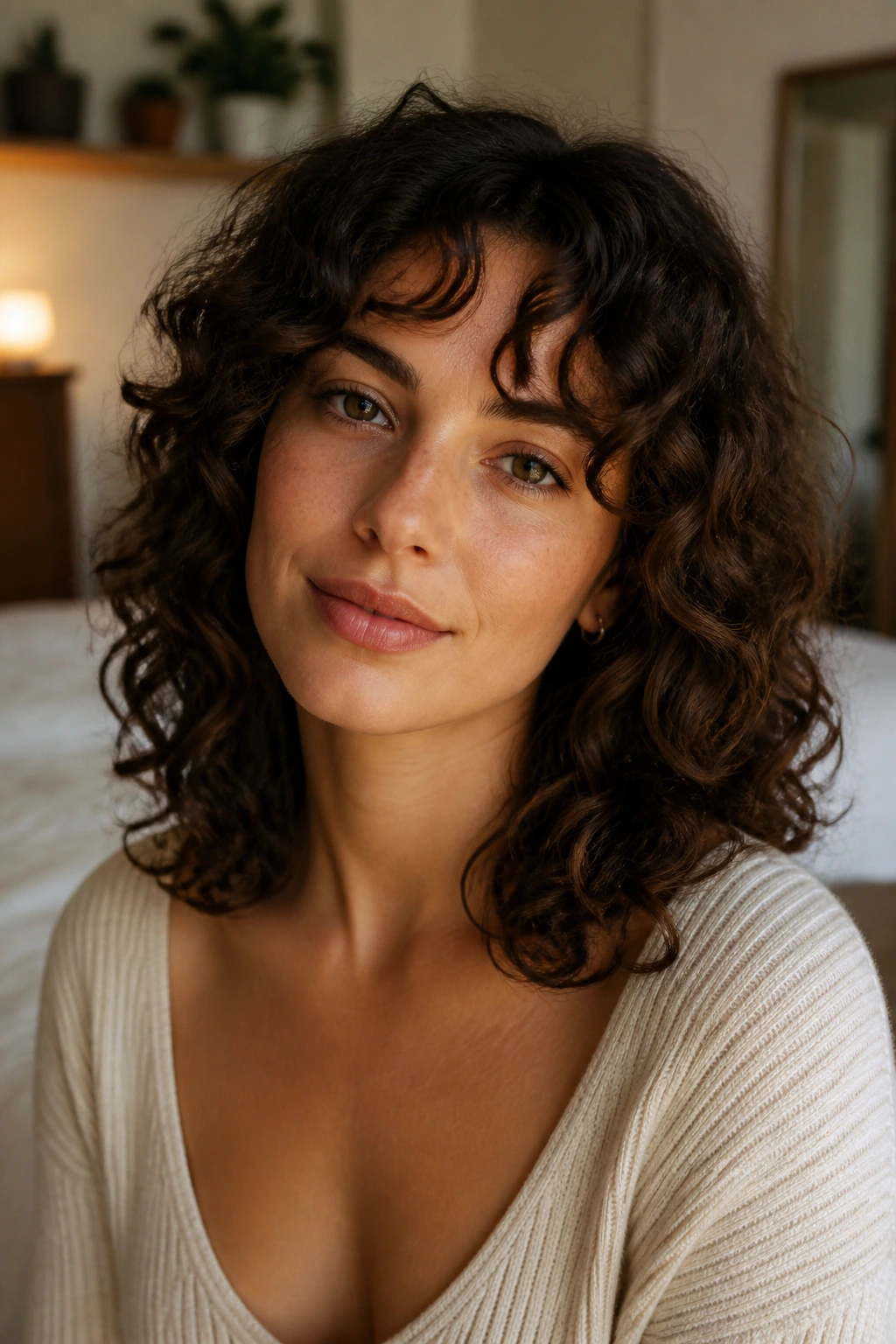 Close-up of a woman with curly curtain bangs and collarbone-length layers