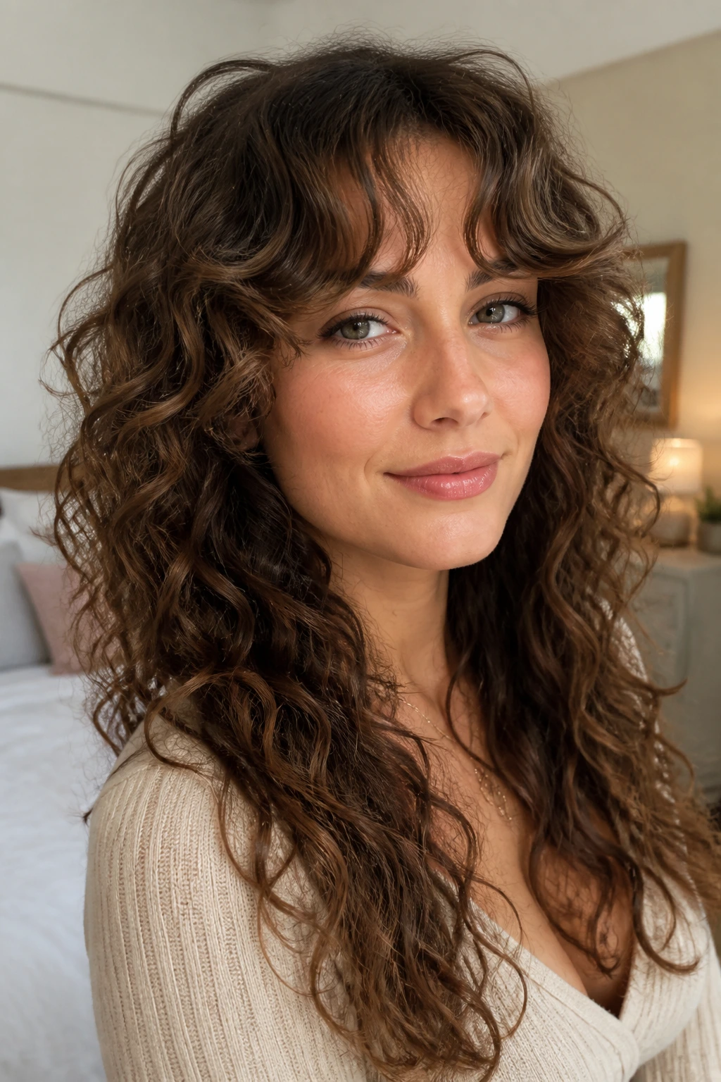 Close-up portrait of a real woman with curly curtain bangs and long layers framing her face