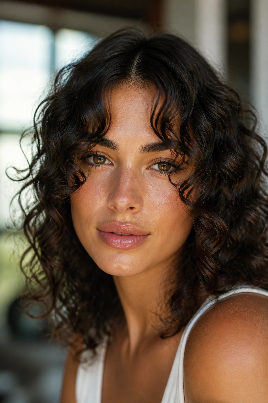 Close-up portrait of a real woman with center-part curly curtain bangs framing an oval face