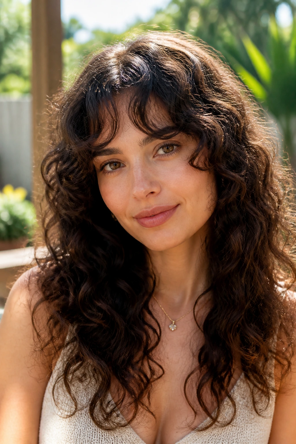 Close-up of a real woman with curly curtain bangs and shape-cut layers in natural light