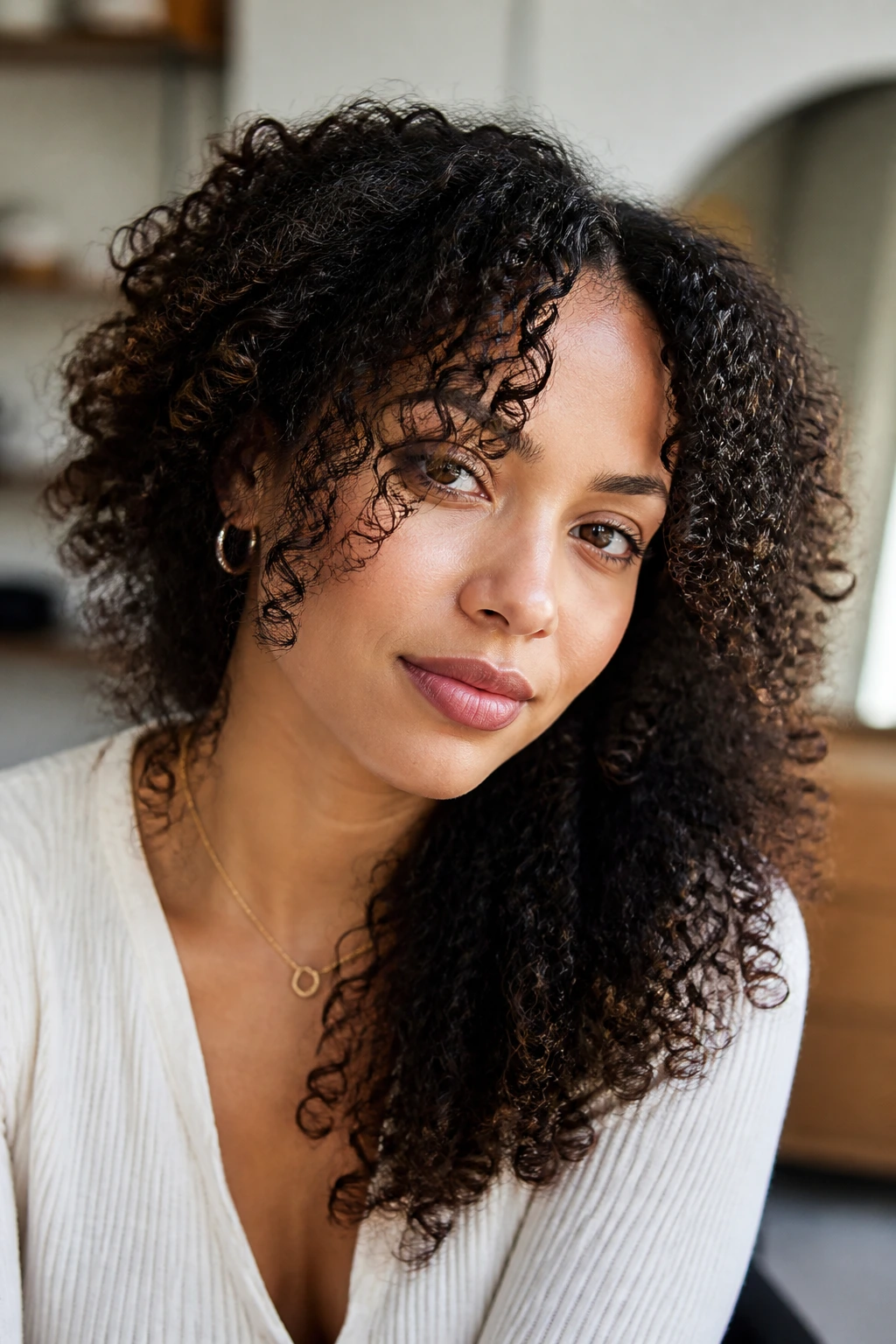 Real woman with curly curtain bangs stretched to frame the face